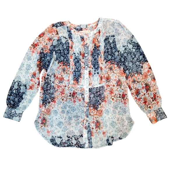 Loft Sheer Peasant Bib Patchwork Cottagecore Button Floral Long Sleeve Blouse S - Picture 1 of 10